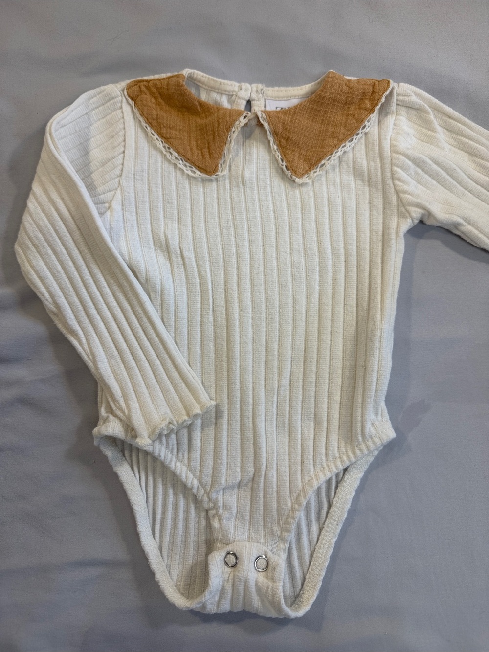 Zara Cream Ribbed Bodysuit with Tan Collar